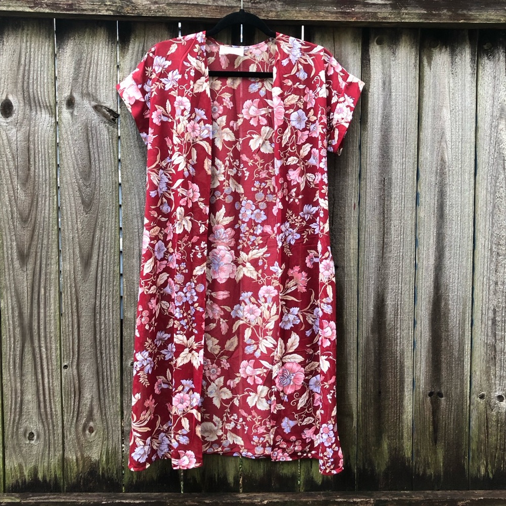 Vintage Red Floral Kimono Sheer Duster Open Front Size S/M Short Sleeves